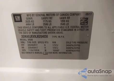 2018 Chevrolet Equinox Lt z USA, uszkodzony, nr VIN 2GNAXJEVXJ6204038